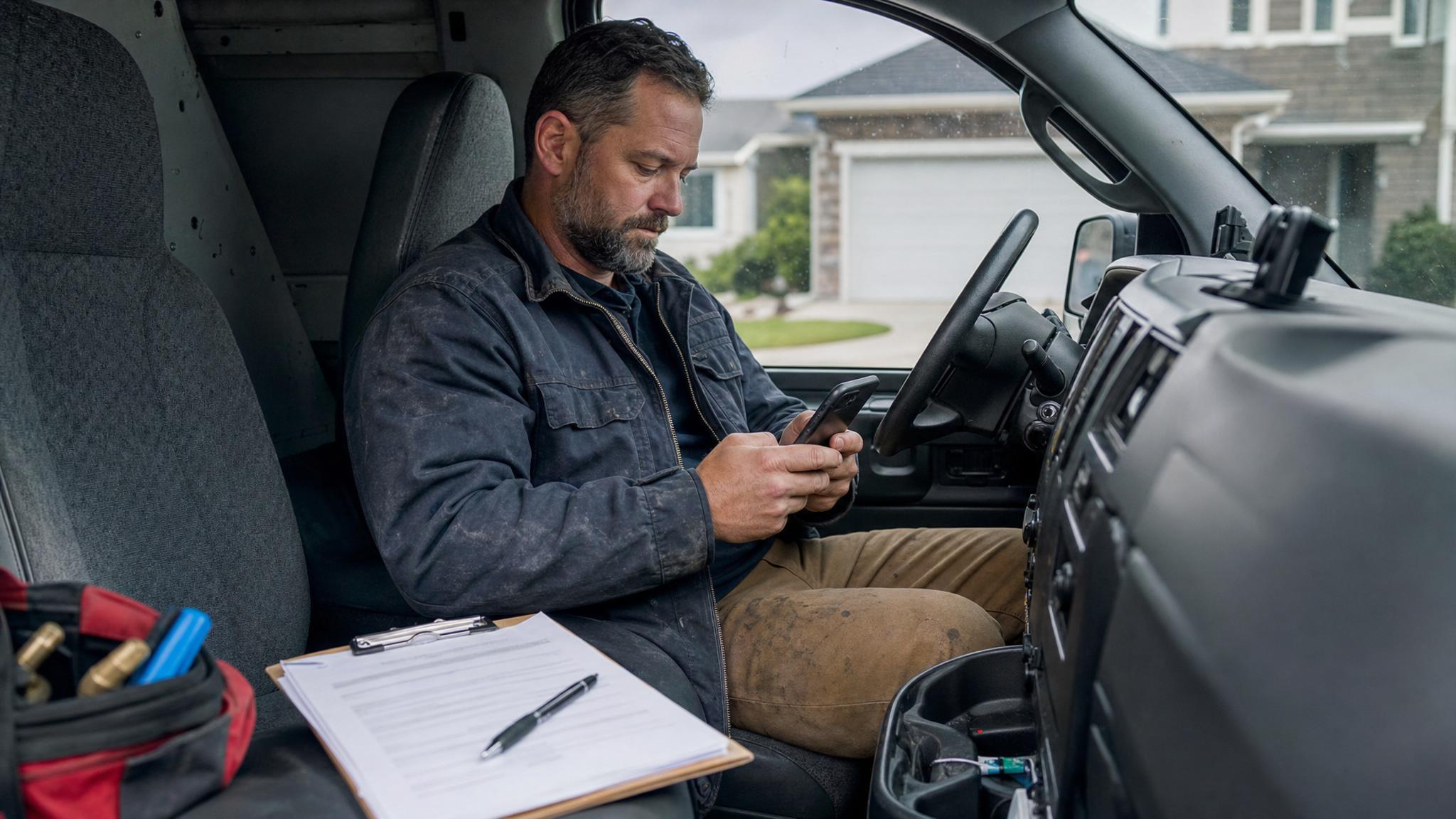 Contractor checking quote follow-up messages from a work van